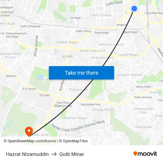 Hazrat Nizamuddin to Qutb Minar map