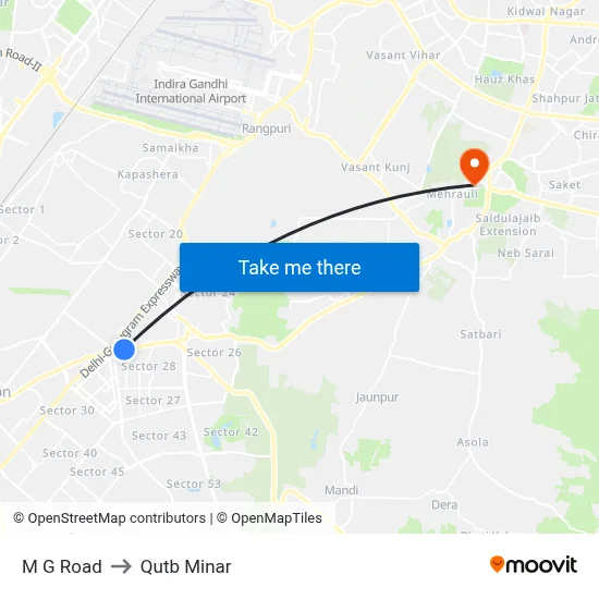 M G Road to Qutb Minar map