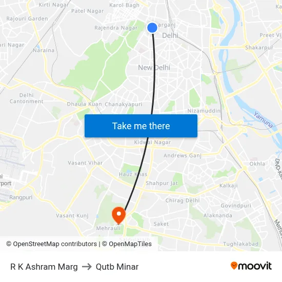 R K Ashram Marg to Qutb Minar map