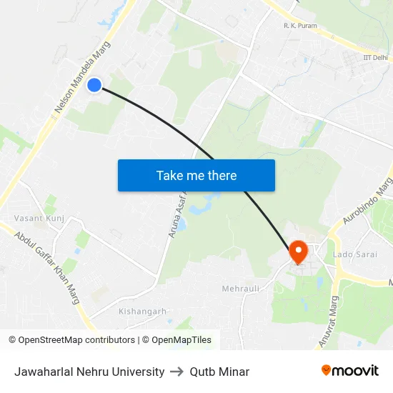 Jawaharlal Nehru University to Qutb Minar map