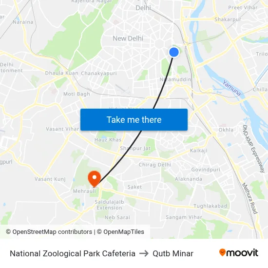 National Zoological Park Cafeteria to Qutb Minar map