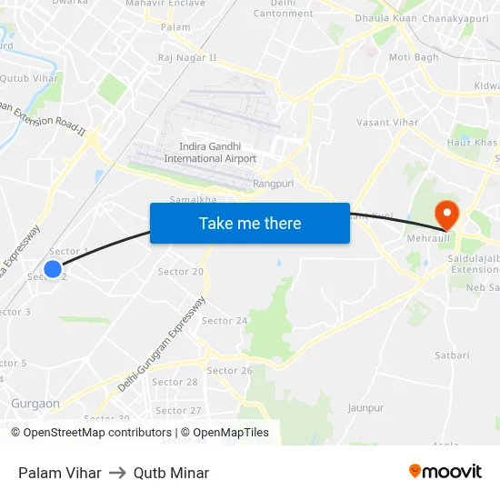 Palam Vihar to Qutb Minar map