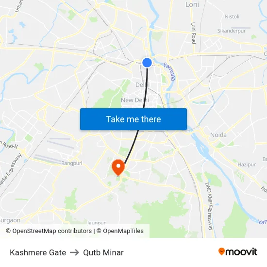 Kashmere Gate to Qutb Minar map