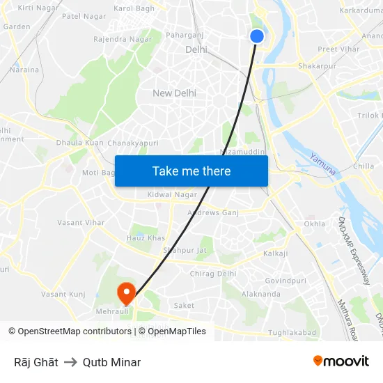 Rāj Ghāt to Qutb Minar map