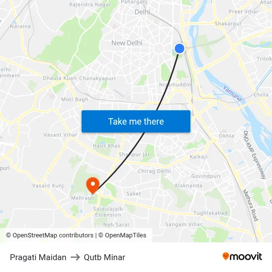 Pragati Maidan to Qutb Minar map
