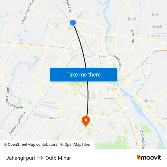 Jahangirpuri to Qutb Minar map
