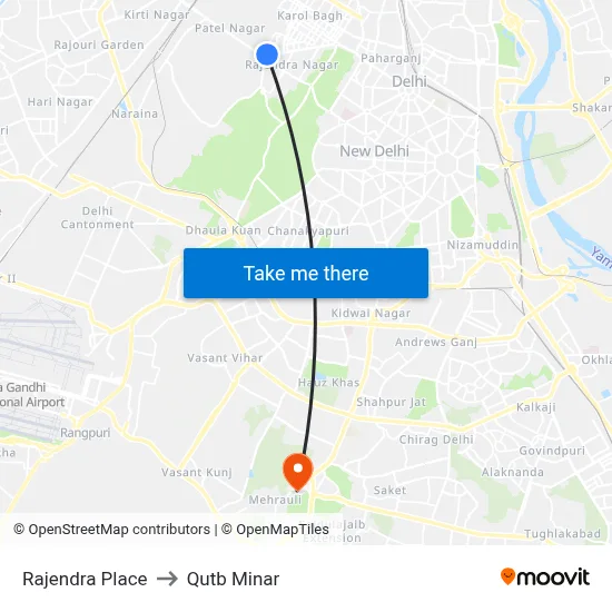 Rajendra Place to Qutb Minar map