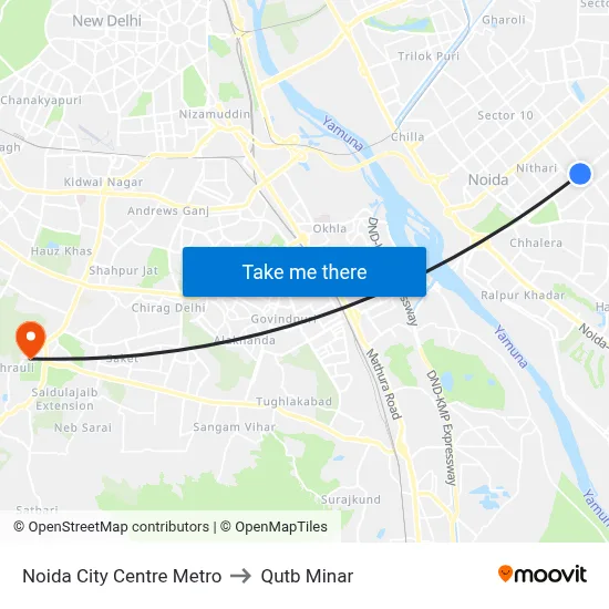Noida City Centre Metro to Qutb Minar map
