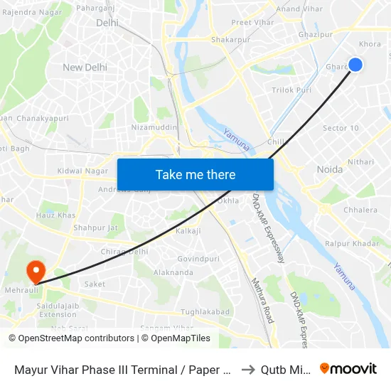 Mayur Vihar Phase III Terminal / Paper Market to Qutb Minar map