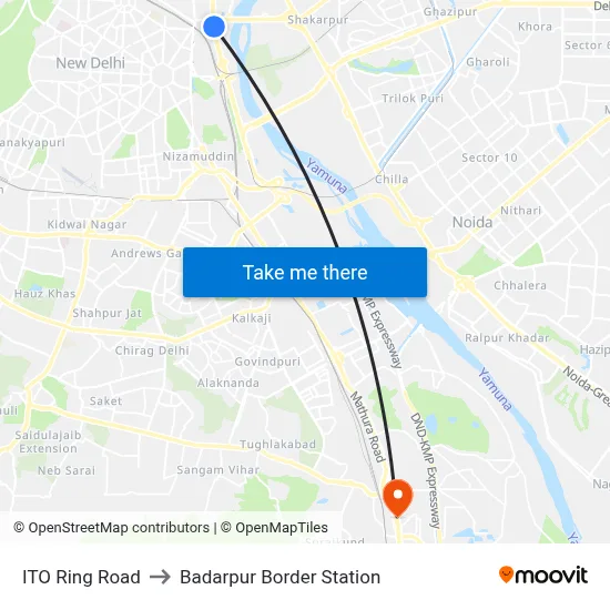 ITO Ring Road to Badarpur Border Station map
