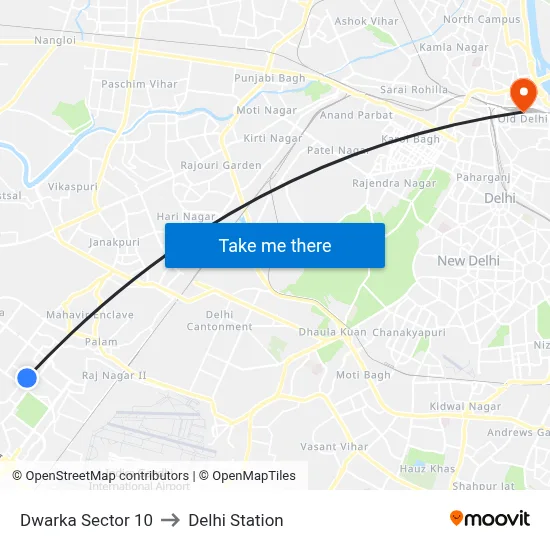 Dwarka Sector 10 to Delhi Station map