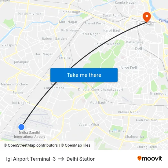 Igi Airport Terminal -3 to Delhi Station map