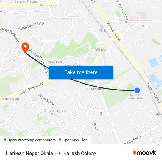 Okhla to Kailash Colony map