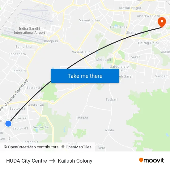 HUDA City Centre to Kailash Colony map