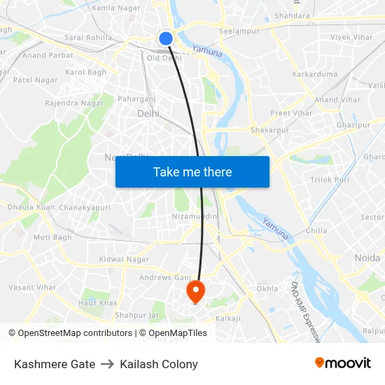 Kashmere Gate to Kailash Colony map