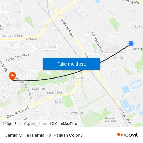 Jamia Millia Islamia to Kailash Colony map
