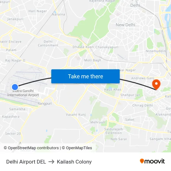 Delhi Airport DEL to Kailash Colony map