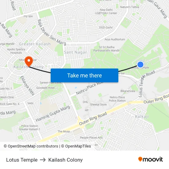 Lotus Temple to Kailash Colony map