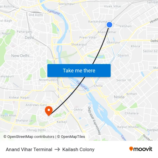 Anand Vihar Terminal to Kailash Colony map