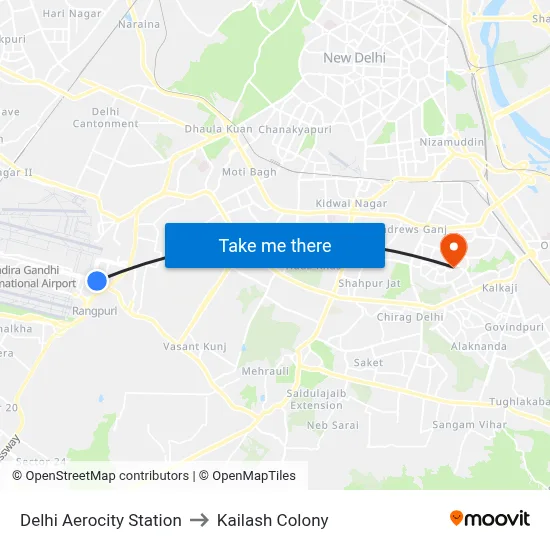 Delhi Aerocity Station to Kailash Colony map