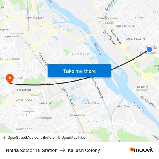 Noida Sector 18 Station to Kailash Colony map