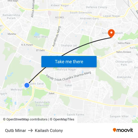 Qutb Minar to Kailash Colony map