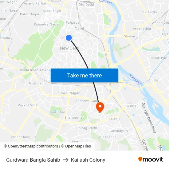 Gurdwara Bangla Sahib to Kailash Colony map
