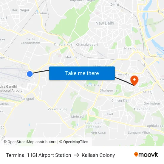 Terminal 1 IGI Airport Station to Kailash Colony map
