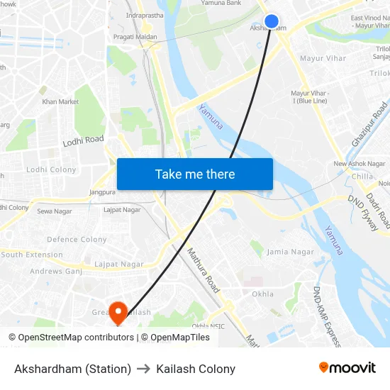 Akshardham (Station) to Kailash Colony map