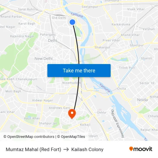 Mumtaz Mahal (Red Fort) to Kailash Colony map