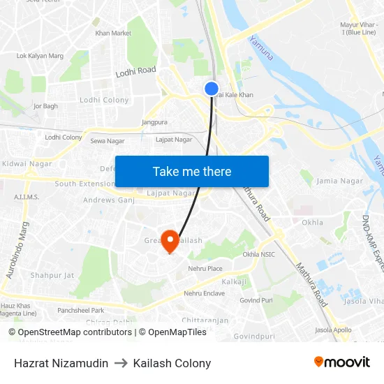 Hazrat Nizamudin to Kailash Colony map