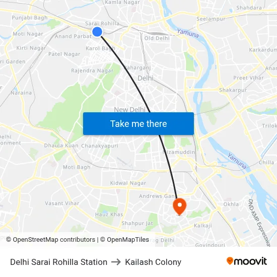 Delhi Sarai Rohilla Station to Kailash Colony map
