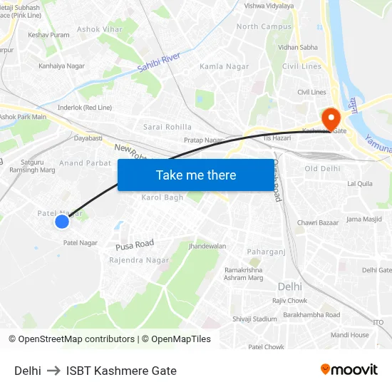 Delhi to ISBT Kashmere Gate map
