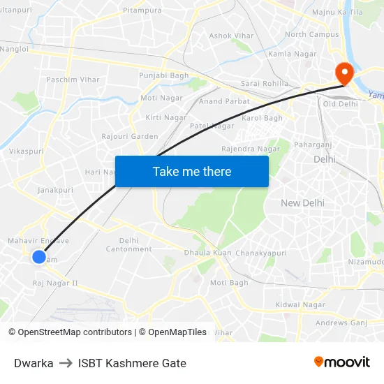 Dwarka to ISBT Kashmere Gate map
