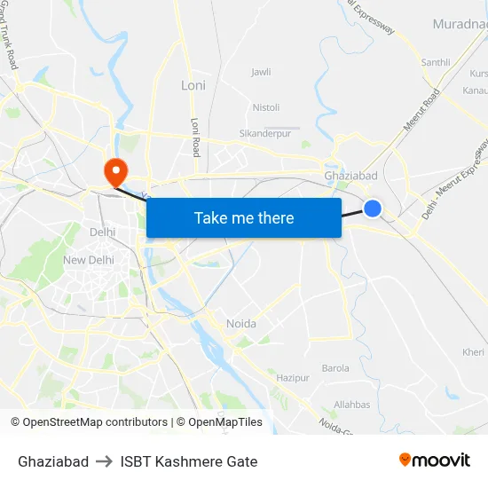 Ghaziabad to ISBT Kashmere Gate map