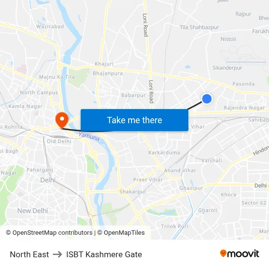 North East to ISBT Kashmere Gate map