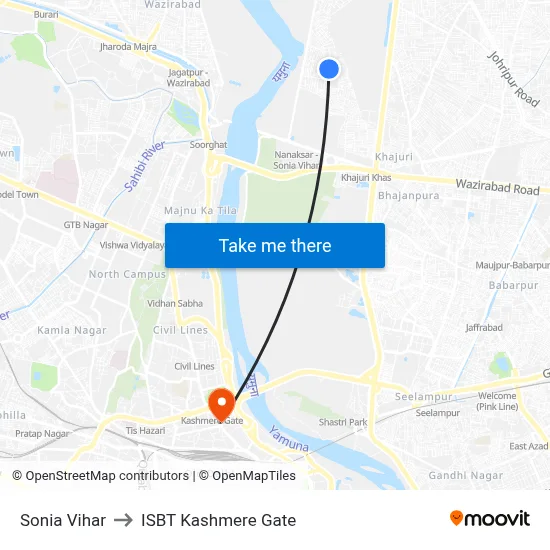 Sonia Vihar to ISBT Kashmere Gate map