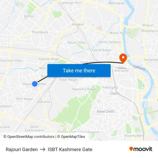 Rajouri Garden to ISBT Kashmere Gate map