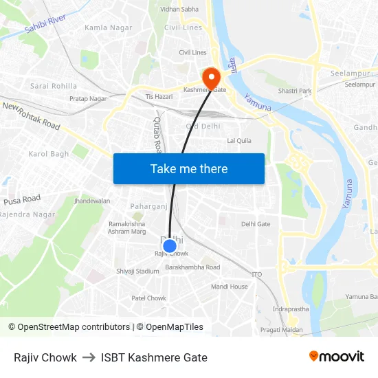Rajiv Chowk to ISBT Kashmere Gate map