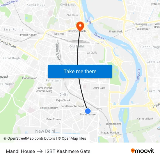 Mandi House to ISBT Kashmere Gate map