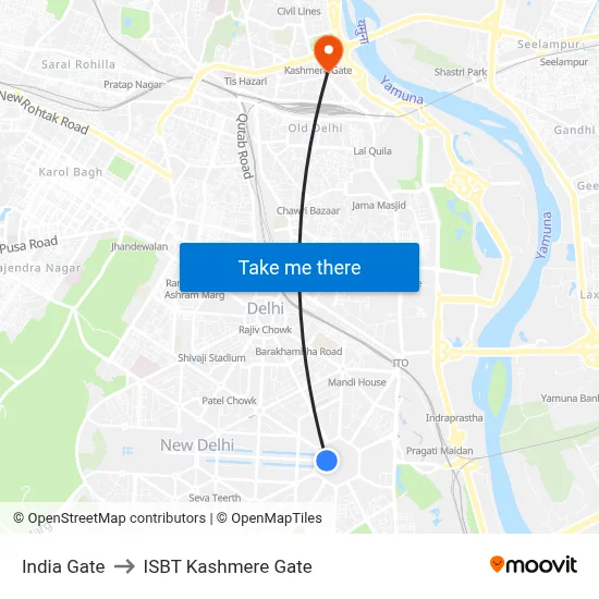 India Gate to ISBT Kashmere Gate map