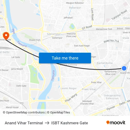Anand Vihar Terminal to ISBT Kashmere Gate map