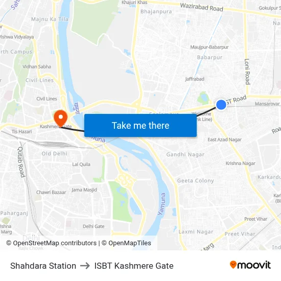 Shahdara Station to ISBT Kashmere Gate map