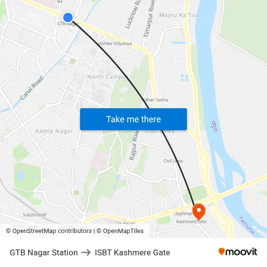 GTB Nagar Station to ISBT Kashmere Gate map