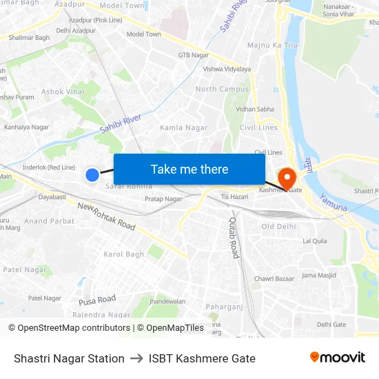 Shastri Nagar Station to ISBT Kashmere Gate map