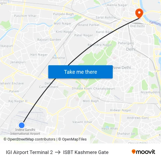 IGI Airport Terminal 2 to ISBT Kashmere Gate map