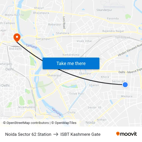 Noida Sector 62 Station to ISBT Kashmere Gate map