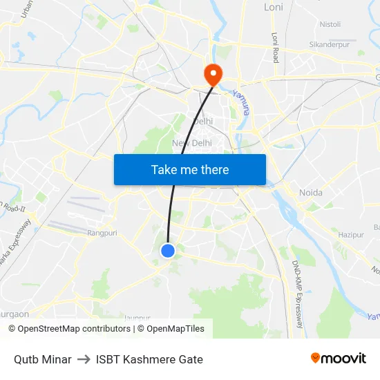 Qutb Minar to ISBT Kashmere Gate map