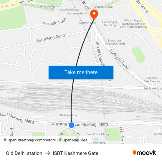 Old Delhi station to ISBT Kashmere Gate map