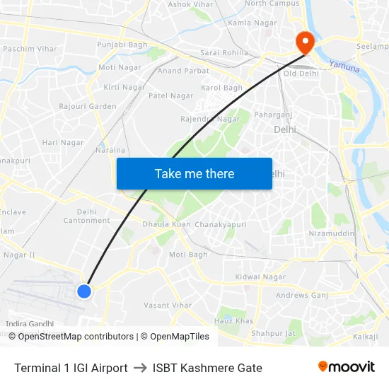 Terminal 1 IGI Airport to ISBT Kashmere Gate map
